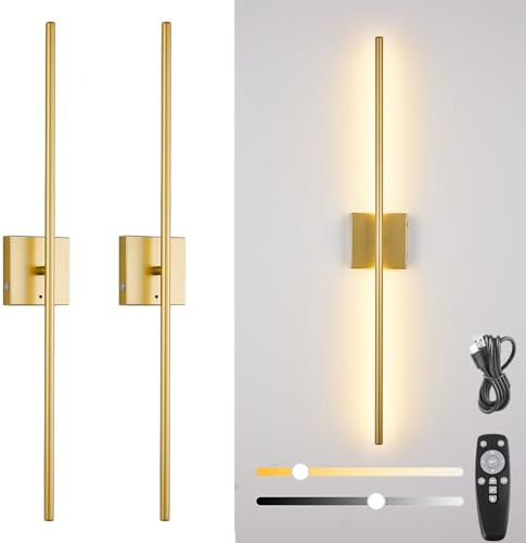 USB Uppladdningsbar Vägglampa Med Fjärrkontroll, 8000mAh Batteri, 3 Färgtemperatur, Inomhus LED Dimbar Trådlös Vägg Lampa, 360° Roterbar Touch Sänglampa, Timer, 2-Pack,Guld,100CM