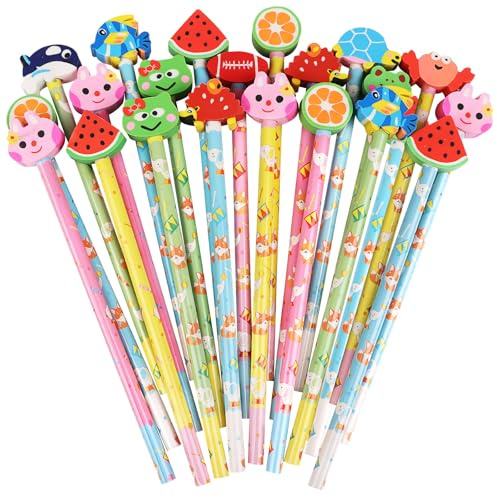 VEYLIN 50Pcs Pencil with Eraser Toppers Kids Wooden Lead Pencils Set for Party Bag Fillers Animal Pencils with Cute Rubbers for School Class Gifts(Random Style)