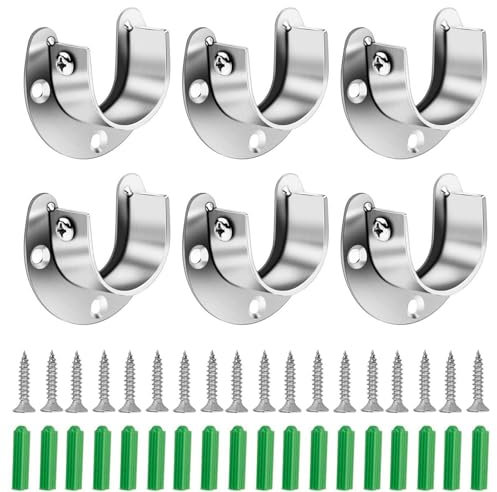 6 PCS Curtain Pole Brackets, Wardrobe Pole Bracket Flange Rod Holder Stainless Steel Closet Pole Sockets Heavy Duty U Shaped Shower Curtain Rail for Wardrobe Shower Curtain
