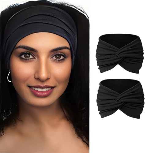 Yyyuluo 2 Pezzi Fasce per Capelli Donna - Fascia Elastica Annodata, Cerchietto Moda, Accessori Capelli Femminili per Sport Ufficio (Nero)
