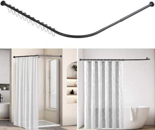 Tringle à rideau de douche extensible en forme de L avec 12 crochets en acier inoxydable pour salle de bain et baignoire (noir, 68 à 98 cm x 192 cm x 192 cm)