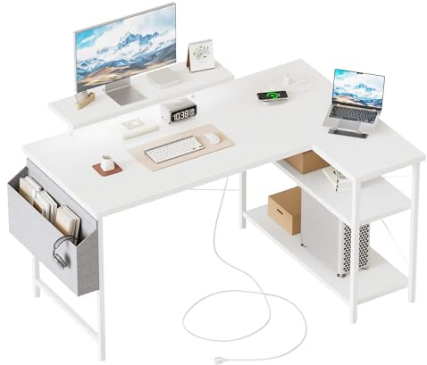 Mericonia L-shaped desk, 120x70cm gaming table with 2 storage compartments and LED, computer desk with monitor stand, reversible corner desk for home office, White