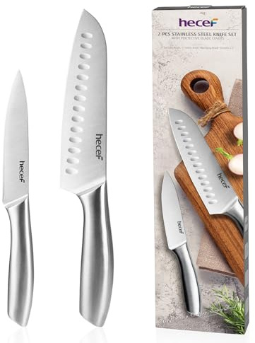 hecef Couteau Cuisine en Acier Inoxydable, Ensemble de Couteaux de Cuisine, Santoku 18 cm et Couteau d’Utilité 12,7 cm, Étuis de Protection de Lame (2 pièces)