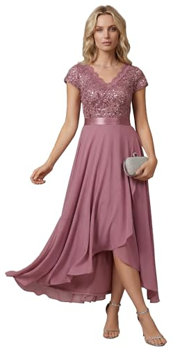 Ever-Pretty Robe de Soirée Chic Col en V Manches Courtes Mousseline Dentelle High-Low Orchidée 40