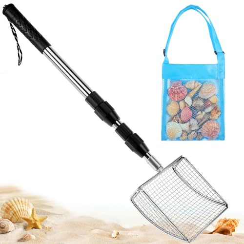 RGQSUN Shark Tooth Sifter with Seashell Bag, Beach Sand Sifter Set with Extendable Handles for Shell Collecting, Sea Glass, Shark Teeth and Small Beach Finds