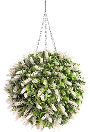 Best Artificial 38cm White Ivory Lavender Flower Ball Lush Long Leaf Topiary Grass **UV Fade Protected**