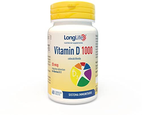 LongLife® Vitamin D 1000 | Vitamina D3 naturale | Difese immunitarie, salute di ossa e denti | Metabolismo del calcio | Fino a 2 mesi di trattamento | Vegetariano e senza glutine