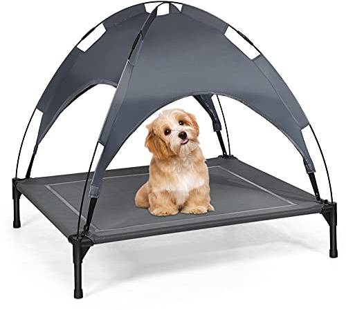 DREAMADE Letto per Cani e Gatti con Tetto Smontabile, Brandina per Animali Domestici in Teslin Impermeabile e Traspirante, Lettino Portabile per Interno ed Esterno Grigio (L: 90x81x86 cm)