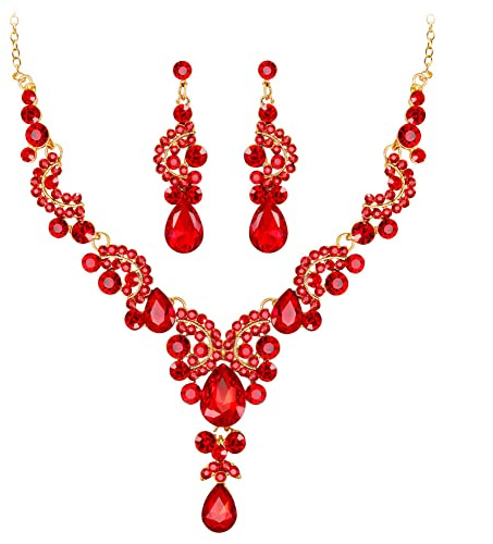 Wedity mariée mariage cristal collier boucles d'oreilles ensemble floral colliers ras du cou bijoux en forme de larme pour femmes et filles (rouge)