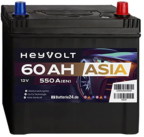 HeyVolt Asia Autobatterie 12V 60Ah 550A/EN Starterbatterie, absolut wartungsfrei, Pluspol Rechts