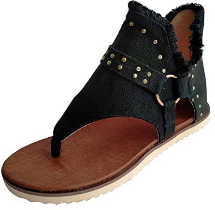 Generisch Sandali da donna piatti, separatori per dita, piatti, antiscivolo, alla caviglia, sandali bohémien, romani, tinta unita, tessuto di lino, sandali semi-chiusi, Nero , 39 EU