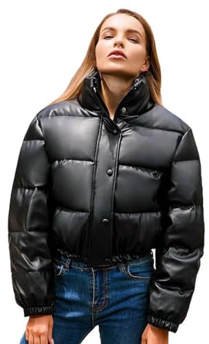 Shuanghao Femme-Veste Col-Roulé épaissie- Chaud Cuir-Décontractés Sport-Hiver - Coton Imperméable Et Coupe - Vent Veste Courte Matelassée Pour Femme Noir M