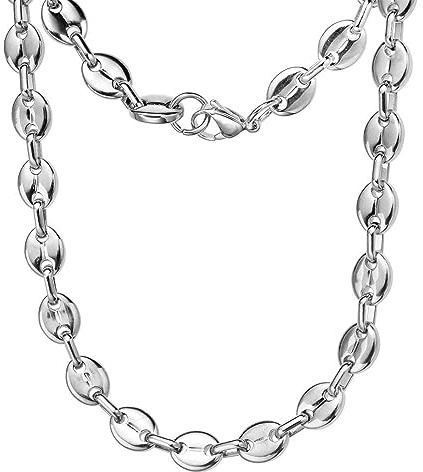 PAURO Men's Women's Stainless Steel 5mm Chunky Coffee Bean Chain Necklace Link Necklaces Hip Hop Jewelry Silver 18''