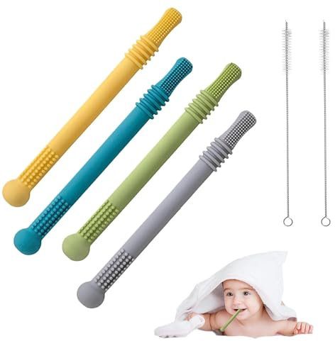 6 Stück Beißring Baby PP Silikon Beissring Set Hohl Kausticks für BPA Frei Beißröhrchen Zahnungshilfe Zahnungshilfe Beißring Geeignet für ab 3 Monaten mit 2 Strohbürsten
