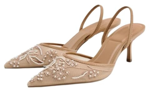 Sandali da Donna in Rete con Ricamo Floreale con Perle Borchiate a Punta, Sandali con Tacco in Pizzo Senza Schienale Slip on Tacco Gattino Scarpe da Festa di Nozze, Marrone, 36 EU