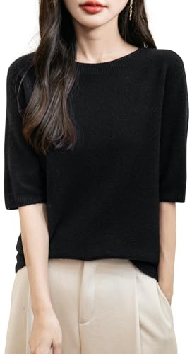 Chanyarn Donna 100% Lana Merino Manica Corta Maglione 2025 Primavera Estate Inverno Morbido Girocollo Senza Cuciture Maglia Maglione (Black,XL)