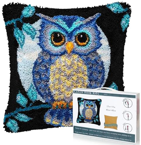 EsLuker.ly Full Moon Owl Latch Hook Pillow Kit for Adults Beginners, DIY Throw Pillow Cushion Cover Making Set with Pre-Printed Canvas & Crochet Yarn, Creative Latch Hook Craft Kits for Home Decor