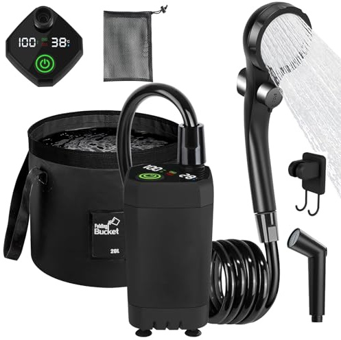 BORDEAG Douche de Camping Portable avec Batterie Rechargeable 6000mAh, Douche Camping avec Pompe, Pomme de Douche, Seau Pliable, Douche Mobile Extérieure, Douche Extérieure pour Lavage de Voiture