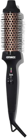 amika blowout babe thermal brush - hot brush for hair styling with 1.5 inch ceramic barrel + nylon bristles - heated hair styler + curler with ionic generator for frizz-free shine - up to 232 degrees