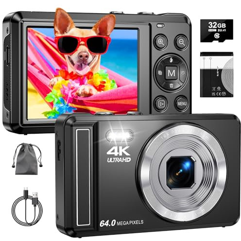 4K 64MP Digitalkamera mit 32 GB TF-Karte, Autofokus Fotoapparat mit 16X Digitalzoom Tragbar Kompaktkamera mit 1200mAh Batterie, USB-Kabel, für Kinder Teenager Erwachsene Anfänger