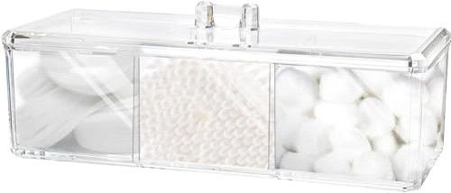 Anberky Qtip Holder Dispenser for Cotton Balls, Swabs, Pads, Floss Picks, 3 Compartments Clear Acrylic Container Box with Lid for Bathroom Canister Storage Organization, Vanity Makeup Organizer (#A)