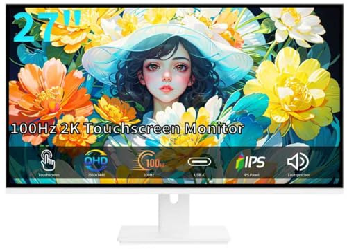 ZFTVNIE 27 Zoll Touchscreen Monitor, 2K Gaming Monitor IPS 10-Punkt Touch PC Display, HDMI VGA USBC QHD 2560 x 1440 Computermonitor, 100Hz, Integrierte Lautsprecher, Weiß