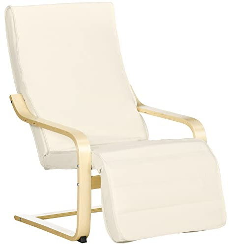 HOMCOM Poltrona Camera da Letto Relax con Cuscino Poggiapiedi a 5 Livelli, Poltrocina Ergonomica in Legno di Betulla e Lino con Schienale Ergonomico, Seduta Imbottita per Salotto e Soggiorno, Crema