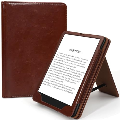 TXWLLIU Custodia per Kindle Paperwhite 12a Generazione 2024 da 7 Pollici e Kindle Colorsoft Signature Edition 2024, Custodia Protettiva con Cavalletto, Cinturino da Polso e Slot per Schede, Marrone