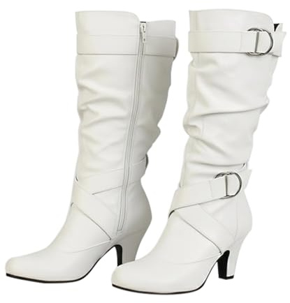white heeled boots Knee High Boots Women Wide Calf High Chunky Heels Winter Boot Comfortable Pointed Toe Pull On Suede Slouch Riding Boot With Belt Buckle Tube Fashion Chunky Heeled Tall Shoes