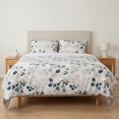 H HANSEL HOME Funda Nórdica Cama 150 – 4 Piezas – 100% Microfibra Suave y Transpirable – Funda Edredón 220x240 cm, Bajera 150x200+30 cm, 2 Fundas de Almohada 50x75 cm - Floral Azul y Gris