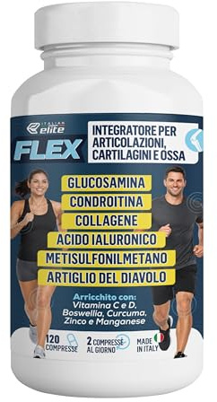 Italian Elite® Flex Articolazioni, Ossa e Cartilagini. Integratore con Glucosamina, Condroitina, MSM, Collagene, Acido Ialuronico, Artiglio del Diavolo, Curcuma, Boswellia, Vitamine e Minerali. 120cpr
