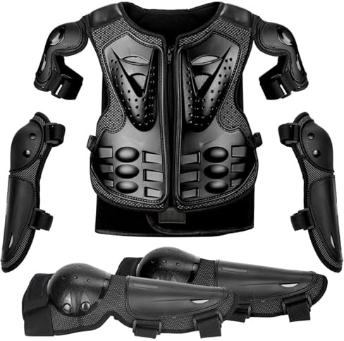 Peto Motocross Niño – Kit de Protección Corporal Ajustable con Protector de Espalda, Rodilleras y Coderas para MTB, BMX, Dirt Bike, Skate, Patinete (Schwarz)