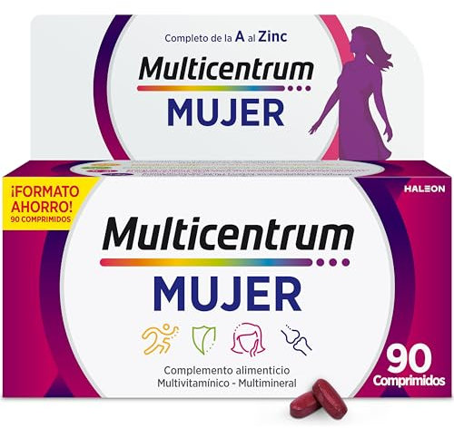 Multicentrum Mujer Complemento Alimenticio Multivitaminas con 13 Vitaminas y 11 Minerales, Sin Gluten, 90 Comprimidos