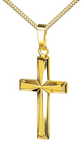 JEVELION Kreuz-Anhänger 750 Gold 18 Karat mit Panzer-Kette vergoldet für Damen, Herren und Kinder in hochglanz poliert mit 3D-Effekt Goldkreuz als Kettenanhänger + Schmuck-Etui