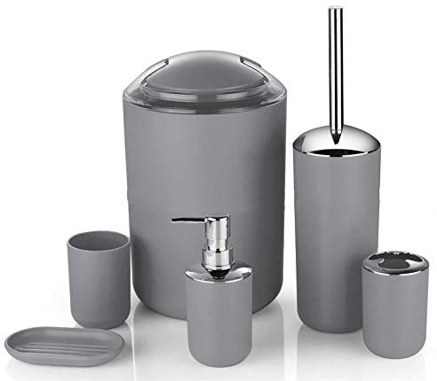 Icegrey Modern Design 6-teiliges Luxus-Badezimmerzubehör-Set Lotionflaschen, Zahnbürstenhalter, Zahnbecher, Seifenschale, Toilettenbürste, Mülleimer, Grau