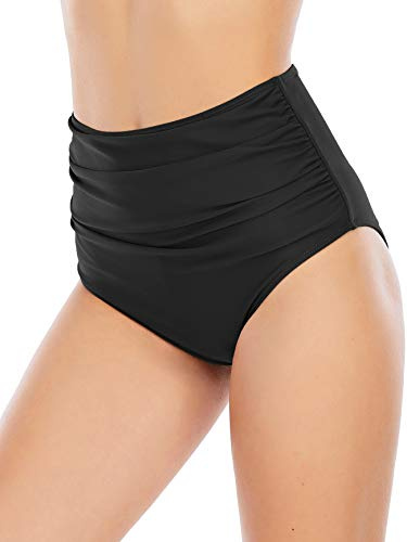 High Waisted Bikini Bottoms Tummy Control Ruched Swim Bottom Black Swimsuits Bottoms Bathing Suit for Women Black L