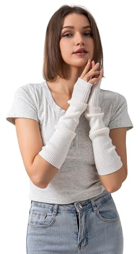 F Flammi Women's Cashmere Blend Arm Warmers, Extended Long Knit Wrist Warmers with Thumb Hole for Cold Office, Typing & Outdoor Activities White,42cm