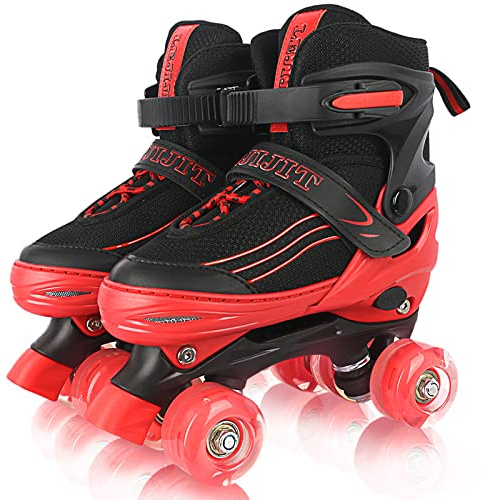 LEJIJIT Adjustable Roller Skates for Boys Girls Toddler Ages 3-12, 4 Sizes for Kids and Youth Adult with Light Up Wheels, Black Red Roller Skates for Sports. (Toddler 7C-10C)
