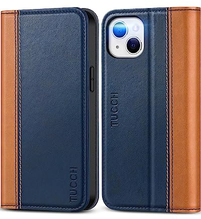 TUCCH Wallet Case for iPhone 13 (6.1) 2021 5G, Premium PU Leather Phone Case with[RFID Blocking][Shockproof TPU][Card Slots] Kickstand, Folio Flip Cover Compatible with iPhone 13, Brown&Blue