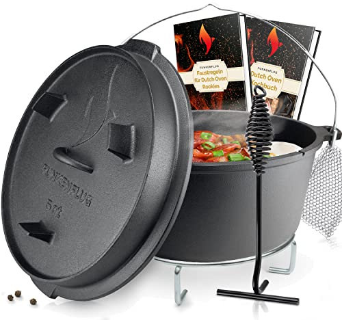 Funkenflug® Eingebranntes Dutch Oven Set [ca. 5 Liter] - für gesellige Grill Abenteuer - BBQ Feuertopf aus massivem dickwandigen Gusseisen - inkl. Edelstahluntersetzer & Zubehör Set (5 QT)
