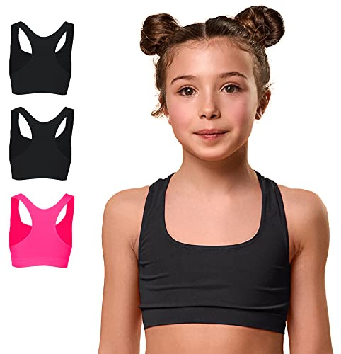 FOCENZA Top Bambina in Microfibra, Reggiseno Sportivo Bimba Elasticizzato e Confortevole Ideale per Ginnastica Artistica, Multipack da 3 Pezzi, Made in Italy (Nero-Nero-Bubble Fluo, S)