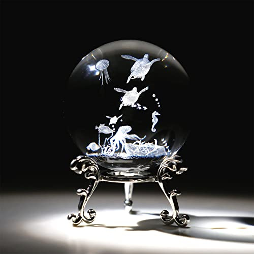 3D Laser Engraved Sea Turtle Crystal Ball with Stand 60mm