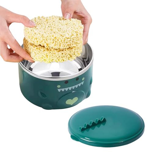 HERCHR Cuenco de sopa de acero inoxidable de dibujos animados con tapa y asas, Cuenco de cereal de dinosaurio lindo Cuenco de ramen japonés Tazón de fideos Cuenco de taza de sopa(Verde)