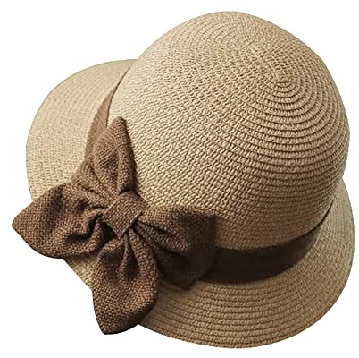 JIHUOO Chapeau Cloche de Paille d'été Chapeau Melon Chapeau d'église Chapeau de Soleil Chapeau Cloche Vintage des années 1920 Chapeau de Plage Pliable avec nœud pour Femme Beige