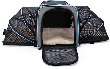 PETCUTE Cat Carrier Bag,Two-side Expandable Pet Carrier Airline Approved Dog Carrier with Safety Leash and Shoulder Strap, Collapsible Puppy Carrier with Self-lock Zipper,Removable Fleece Pad