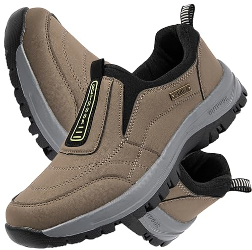 AZMAHT Pantoufles Homme Confortable en Cuir Impermeable Chaussure de Marche Homme sans Lacets Baskets de randonnée en Plein air Mocassin sans Lacet,Kaki,44/270mm