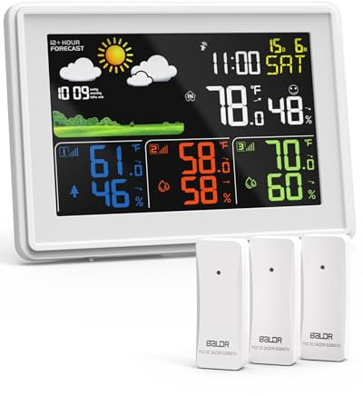 BALDR Wetterstation Funk mit 3 Außensensoren, DCF Farbbildschirm Wetterstation mit Wettervorhersage, Innen Außen Digital Thermometer Hygrometer Barometer und Benutzerdefinierte Alarme (Weiß)