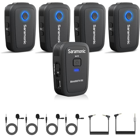 Saramonic Blink 500 T4 4-Person Wireless Lavalier Mic System, 2.4GHz, 328ft Range, 4 Transmitters & 1 Receiver, 24-Bit Sound, for DSLR, Camcorder, Smartphone, YouTube, Interview, Podcast