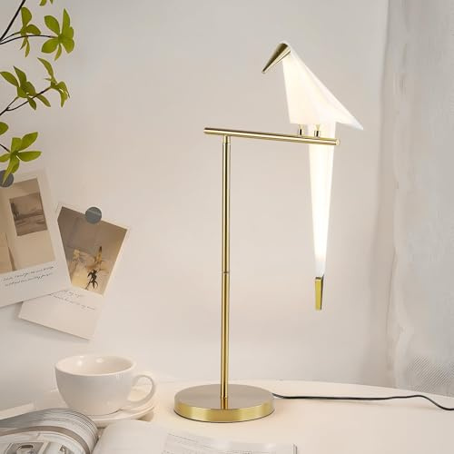 Bord vardagsrum modern gunga fågel, LED sänglampa vintage sovrum 3 000 K varm akryl metall läsbok ljus skrivbord guld papper kran E27 nattlampa 79 cm x 35 cm