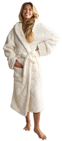 OHS Cream Dressing Gown for Women Braided Fleece, Super Soft Warm Comfy Hooded Oversized Fleece Dressing Gown with Pockets Luxurious Bath Robe For Adults, One Size